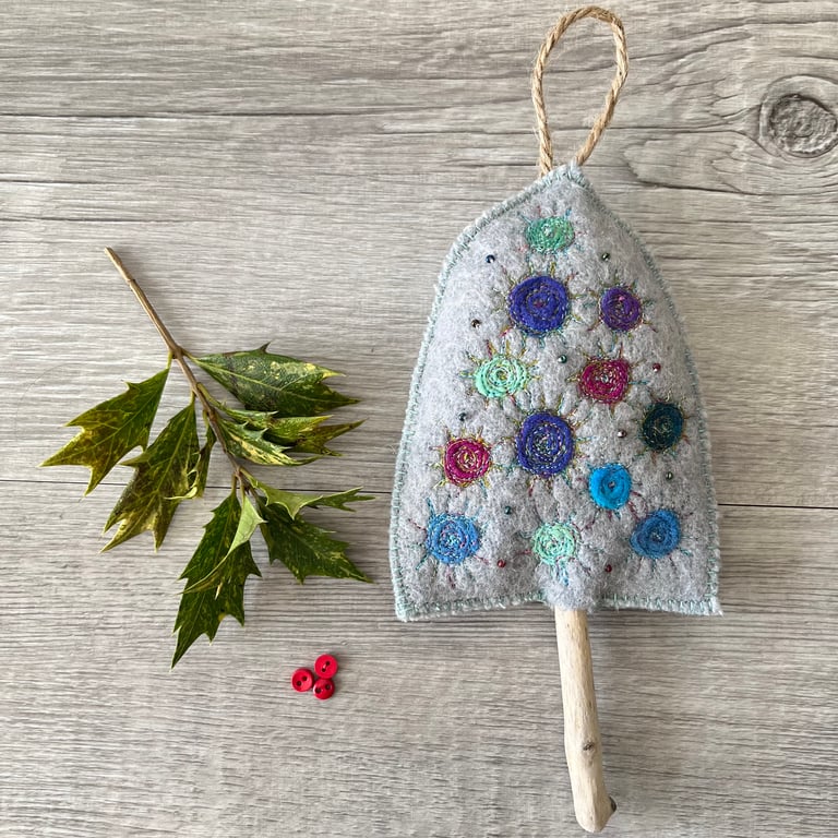 Dyed Wool Felt and Driftwood Hanging Christmas Tree Decoration