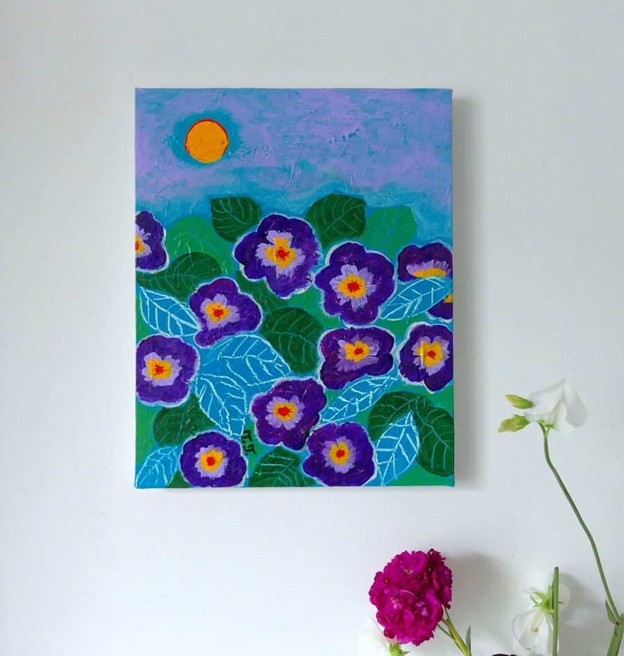 Purple Primrose Artwork, Flowers Acrylic Painting, Original Floral Art