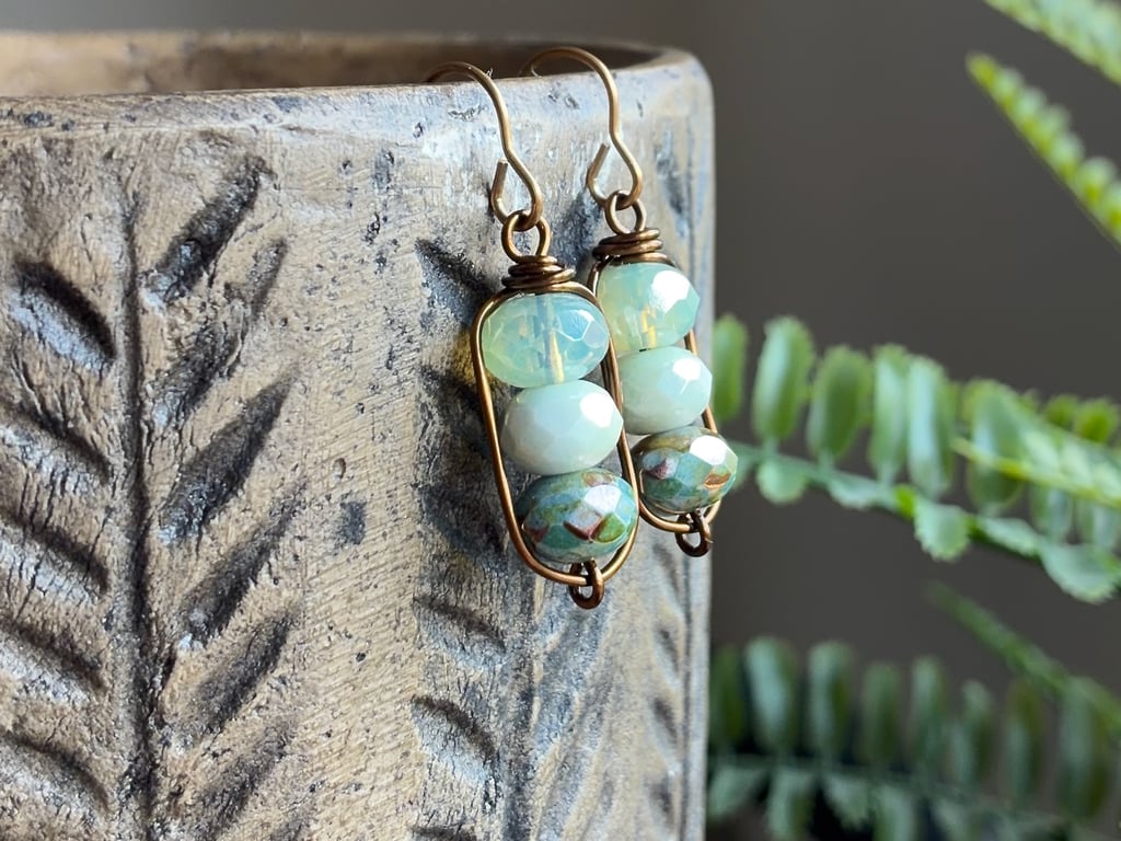 Sage & Mint Green Czech Glass Bead Earrings. Wirework Earrings in Antiqued Brass
