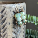 Sage & Mint Green Czech Glass Bead Earrings. Wirework Earrings in Antiqued Brass