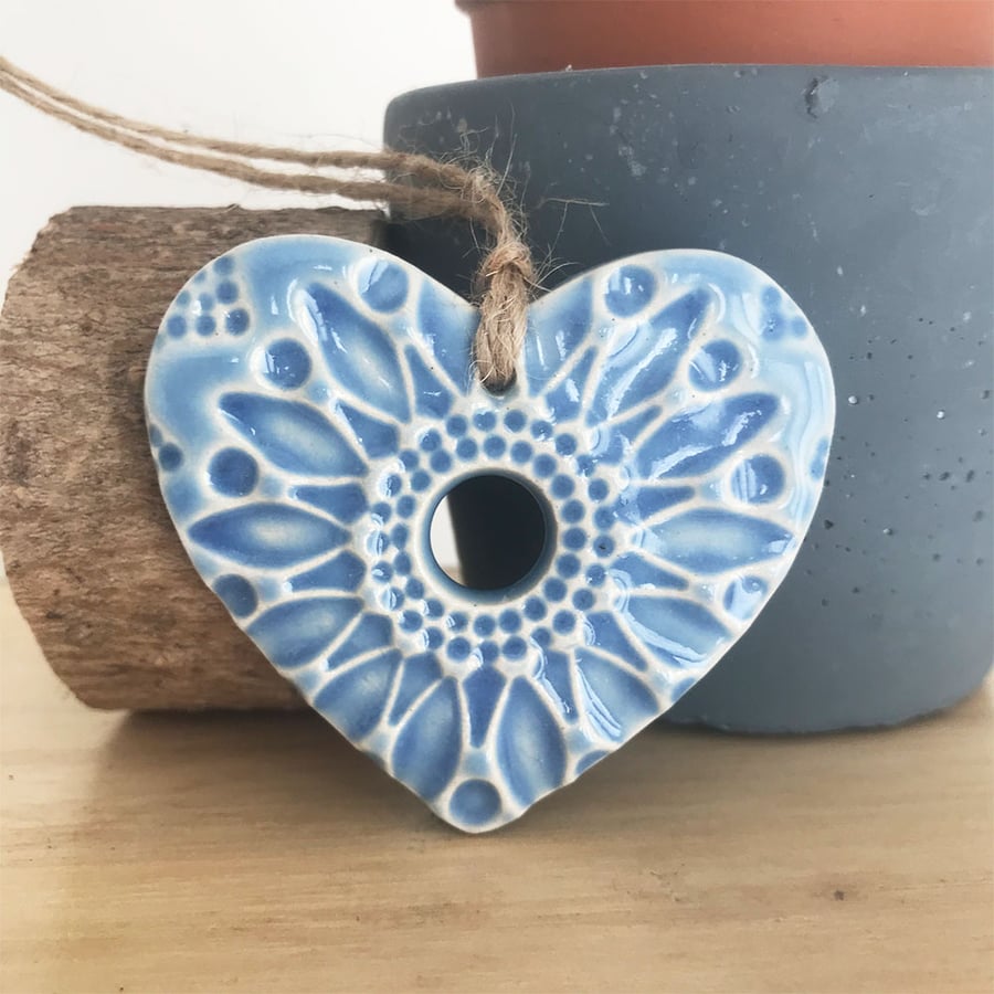 Small Ceramic heart hanging decoration Pottery Heart Folk art  Blue