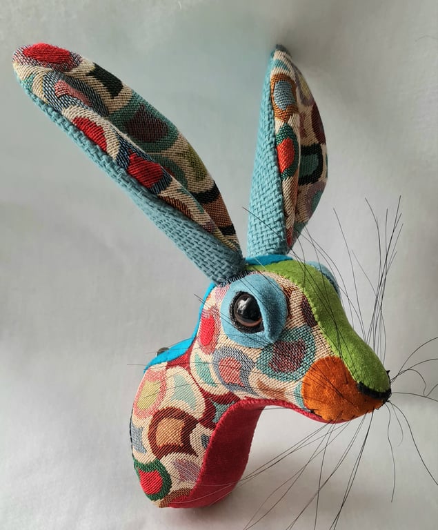 Faux hare head wall mount in colourful tapestry fabric -  