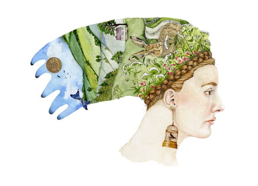 Summer Dreaming Profile of woman with summer Headdress A4 Giclee print