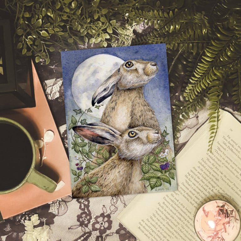 Moonlight Hares Art Print - A5 Scottish wildlife illustration