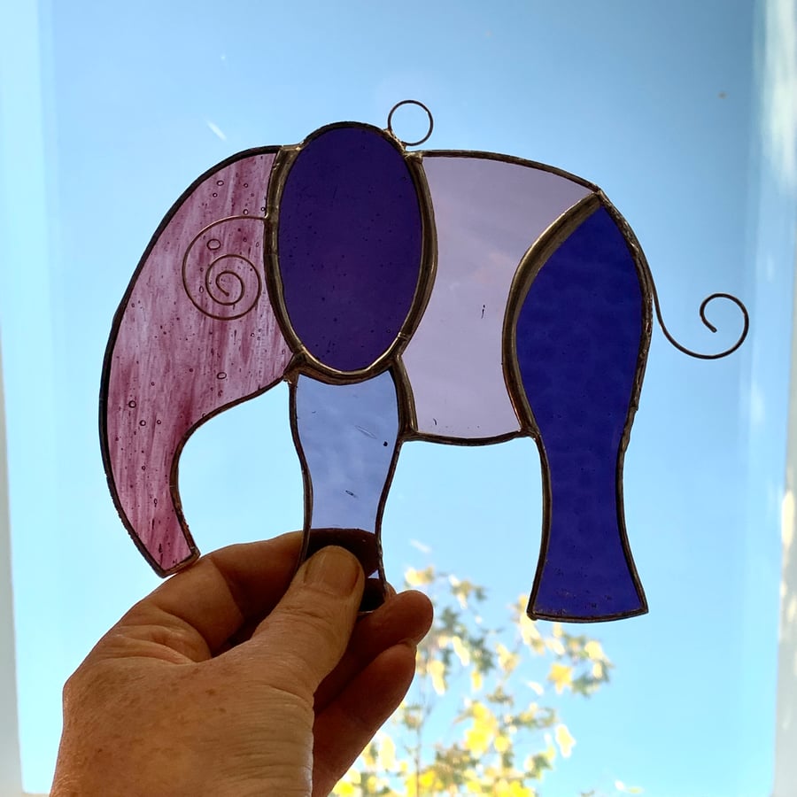 Stained Glass Large Elephant Suncatcher - Hanging Decoration - Pink Purple 
