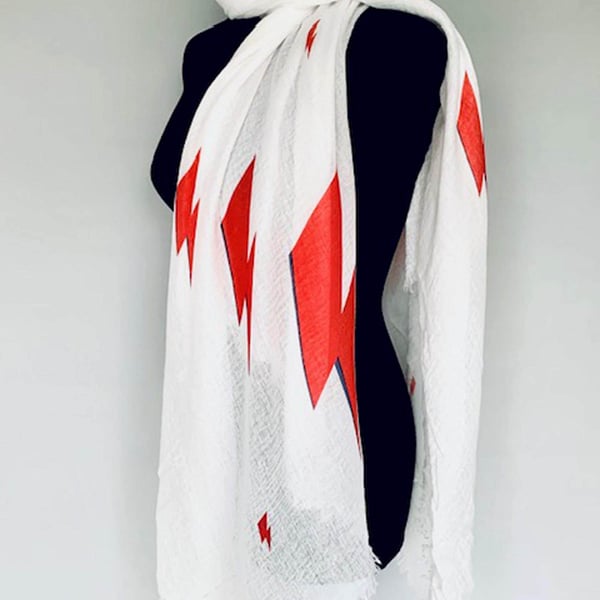 Ziggy Stardust Scarf David Bowie Inspired Thunder Bolts Print. White. Wrap