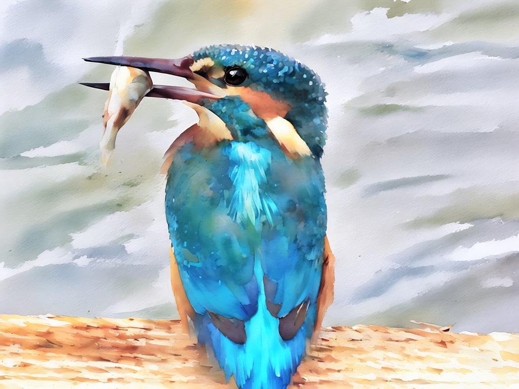 Print of Original Water Colour A4 The King Fisher Fishing 