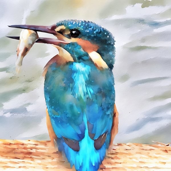 Print of Original Water Colour A4 The King Fisher Fishing 