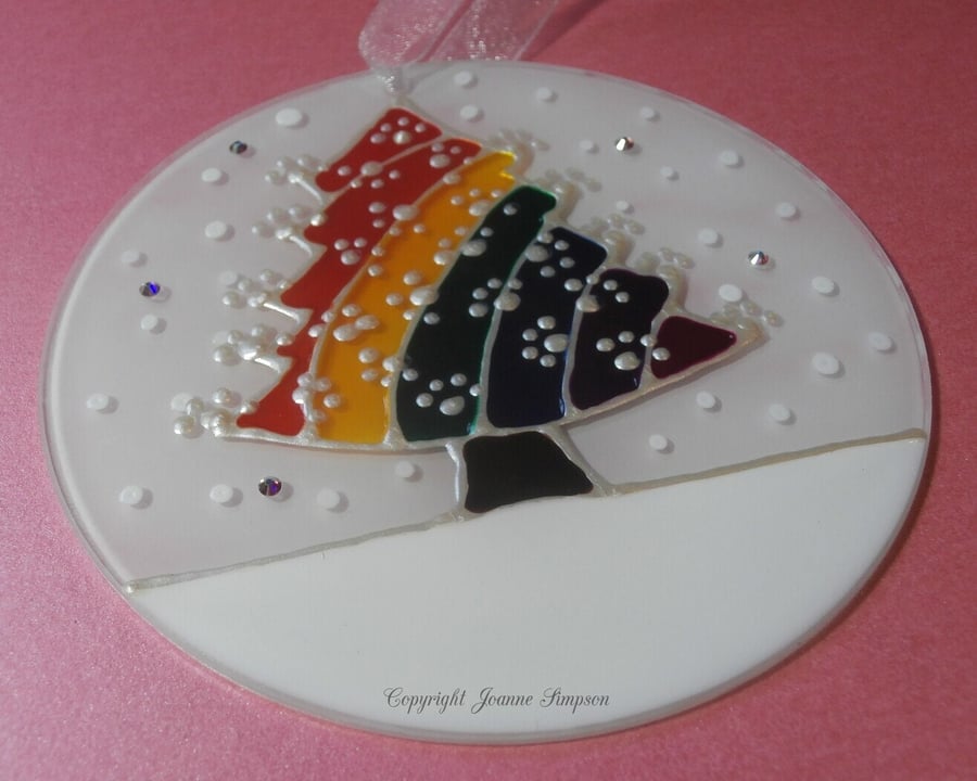 Hand painted pet memorial Rainbow Christmas tree sun decoration.