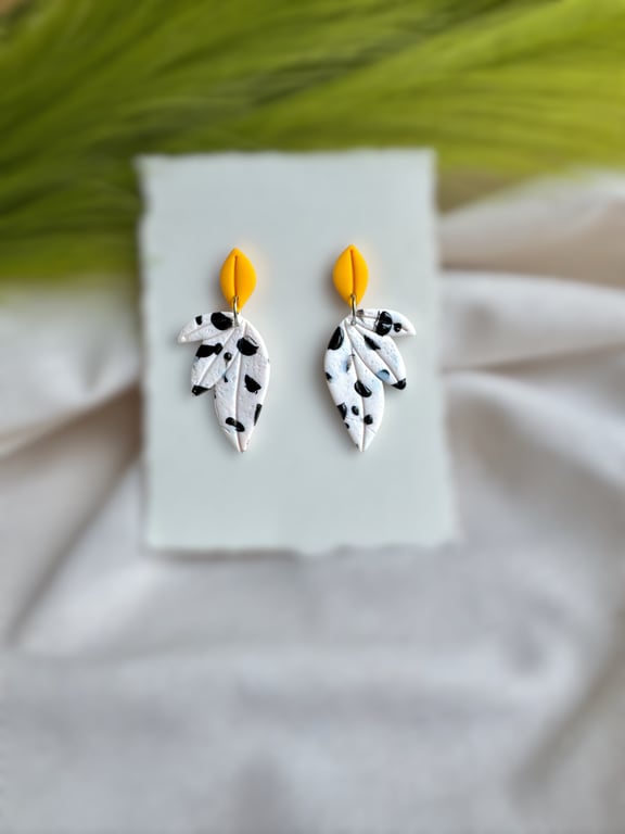 Dalmatian Print Leaf Earrings - Yellow and Monochrome Polymer Clay Dangles