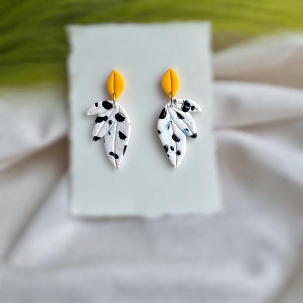 Dalmatian Print Leaf Earrings - Yellow and Monochrome Polymer Clay Dangles