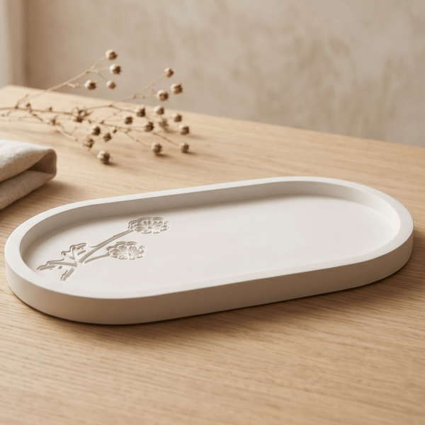 White Oval Catchall Tray With Flower Imprints 
