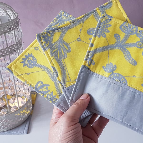 Set of 4 large coasters, fabric coaster, yellow coasters, drink mats