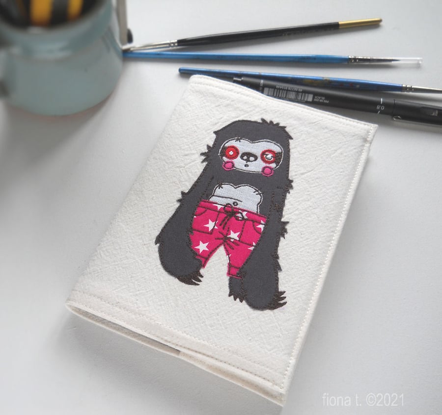 freehand embroidered zombie sloth in pyjamas - A6 sketchbook notebook cover pink