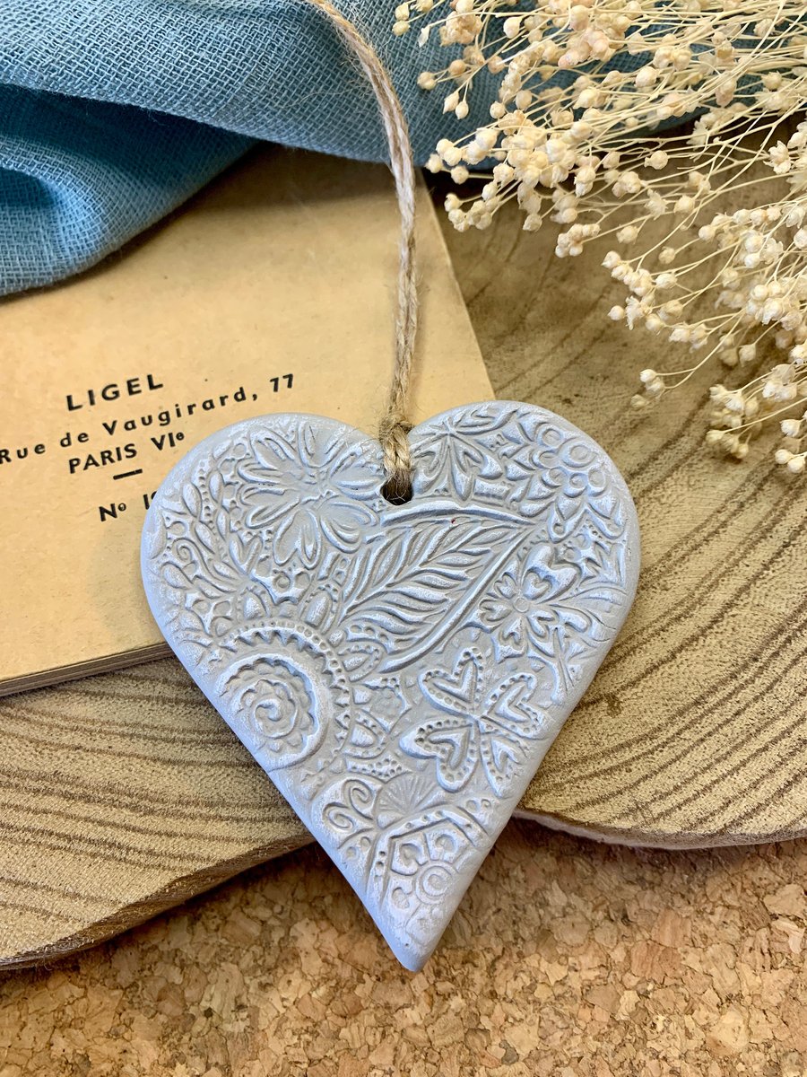 Grey & White Floral Clay Hanging Heart Ornament