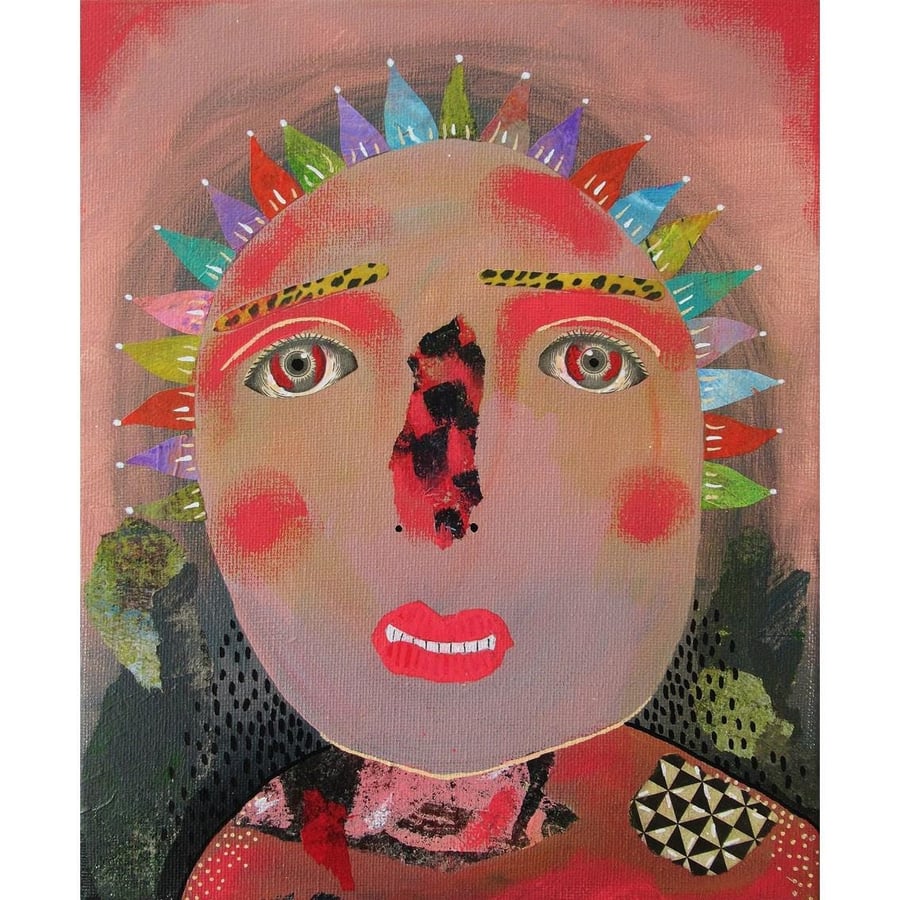 Original Portrait Canvas Painting Pink Weird Quirky Face Outsider Folk Art Brut 