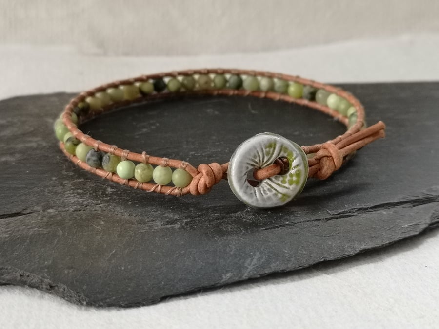 Chrysoprase and leather bracelet with ceramic button, May birthstone