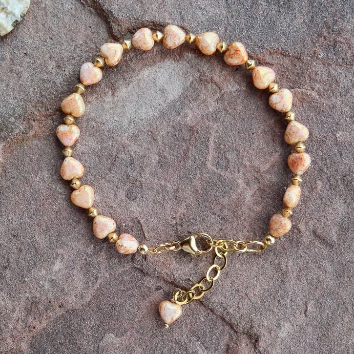 Czech Glass Heart Bracelet with 14k Gold Filled Beads and Adjustable Clasp