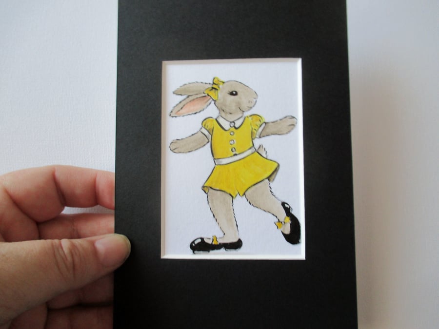Sale ACEO Bunny Rabbit Tap Dancing Dancer Miniature Original Painting Picture