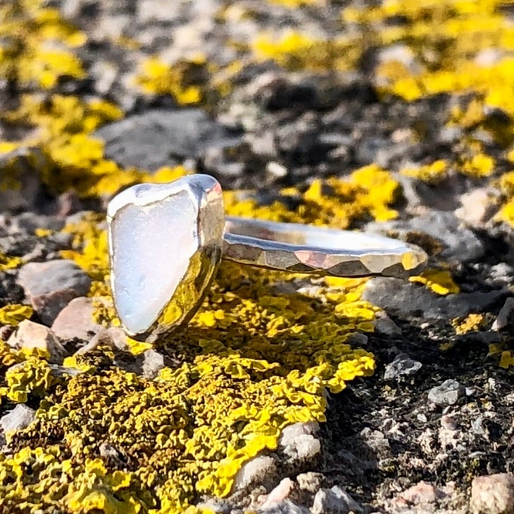 Opaque White Heart Sea Glass and Sterling Silver Ring - Size N - 1311