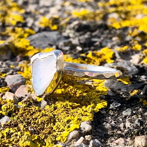 Opaque White Heart Sea Glass and Sterling Silver Ring - Size N - 1311