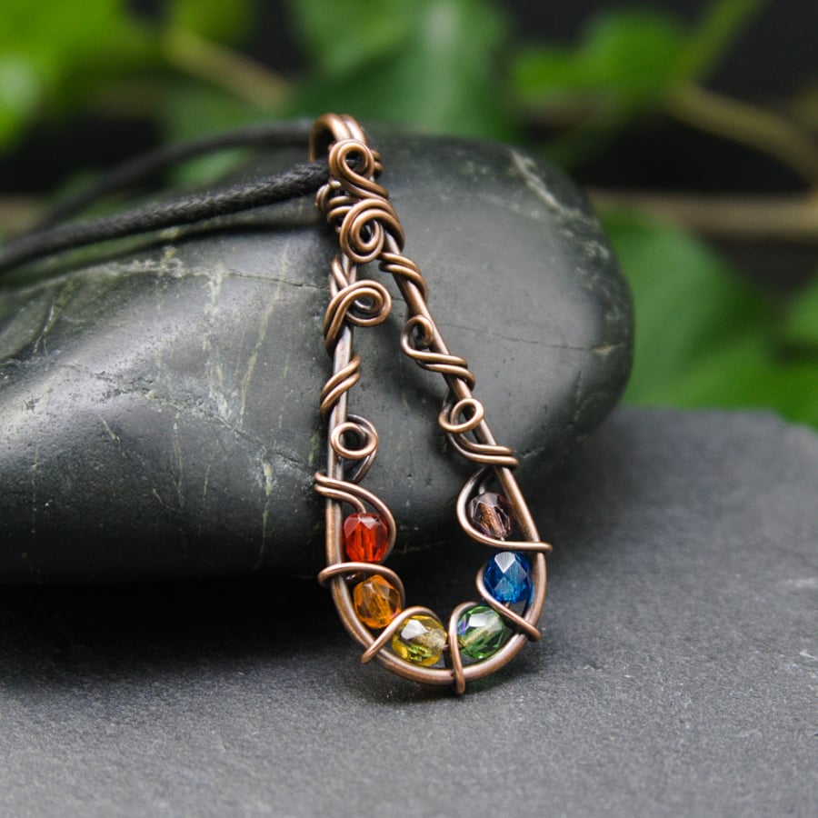 Copper Rainbow Pendant - Squiggly Wire Wrapped Teardrop Pendant 