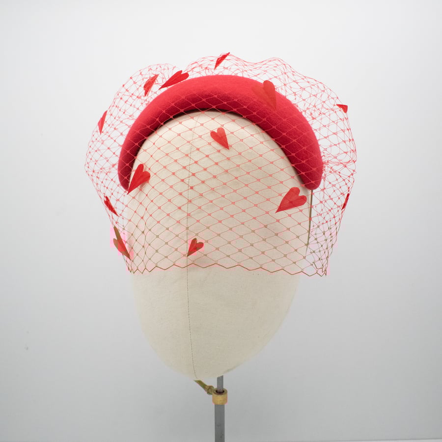 Red Cocktail Hat with Veil and Hearts for Valen... Folksy