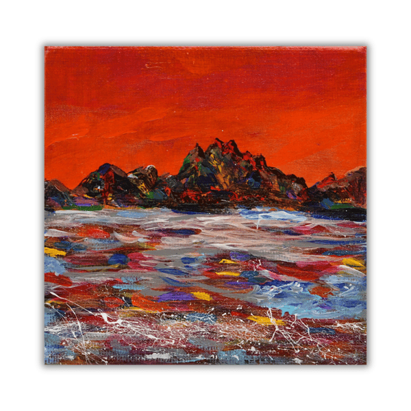 A framed acrylic painting of a mountain landscape - red sky sunrise - Scotland 