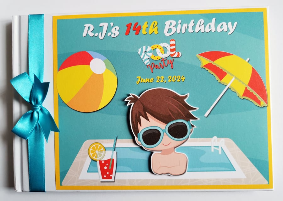 Pool party boy birthday guest book, summer party, beach party book