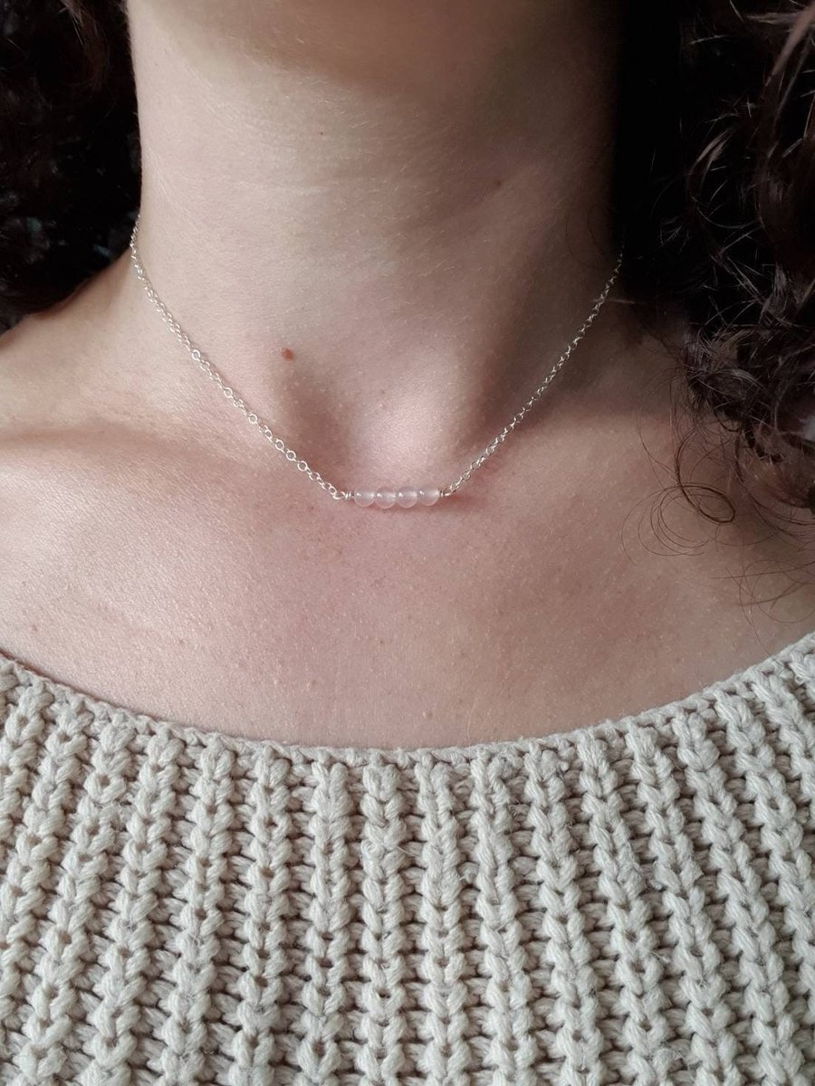 Sterling silver and rose quartz beaded bar choker necklace