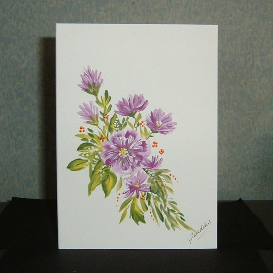 hand painted floral greetings card original 7x5" ref 83