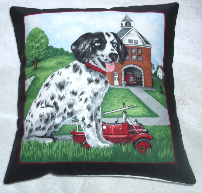 A Dalmation pup outside a fire station  cushion