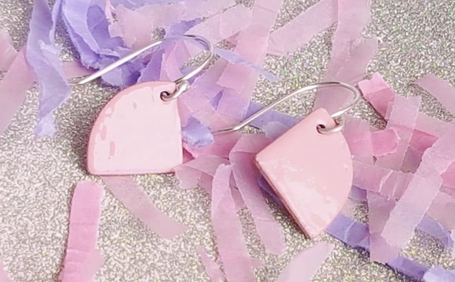 Copper Fan Earrings with Baby Pink Enamel