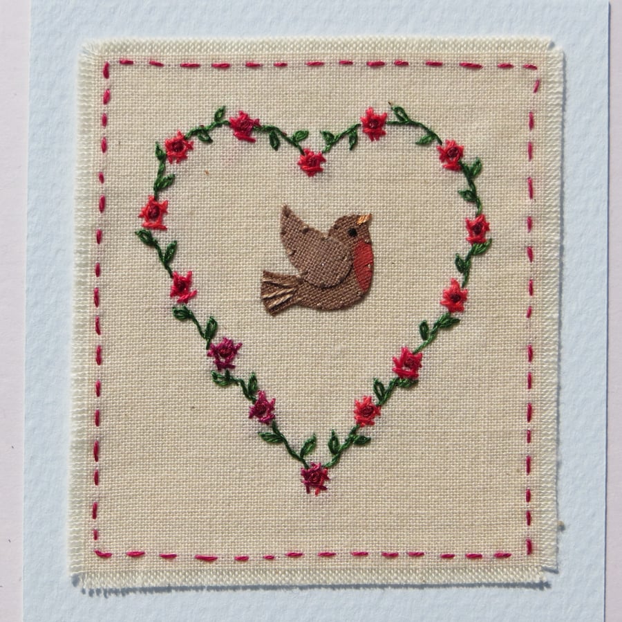 Robin Wreath, hand embroidered miniature textile - a card to keep!