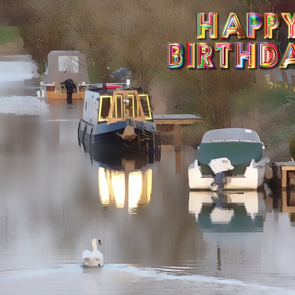 Happy Birthday Arty Swan & Boats Card A5