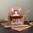Tabby Cat Card; Birthday or personalised. Cat in a box gift card holder