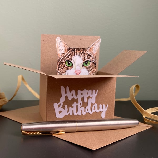 Cat Birthday Card - Tabby Cat box card. Birthday gift card holder for cat lovers