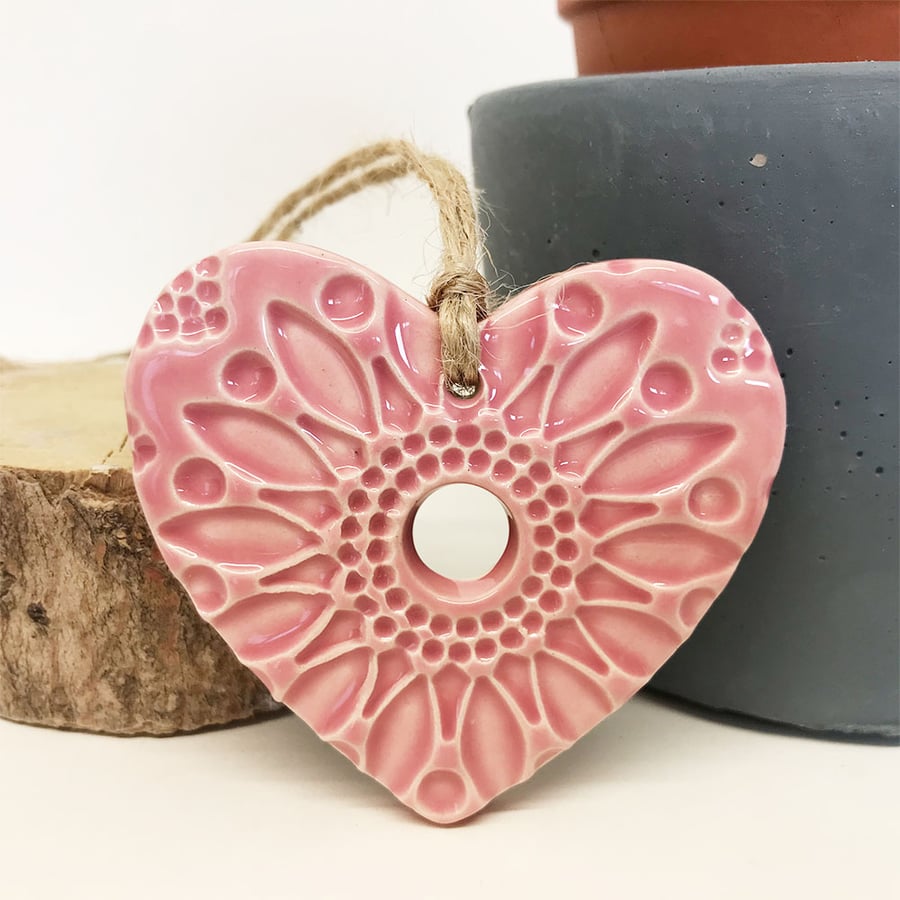 Small Ceramic heart hanging decoration Pottery Heart Folk art Pink