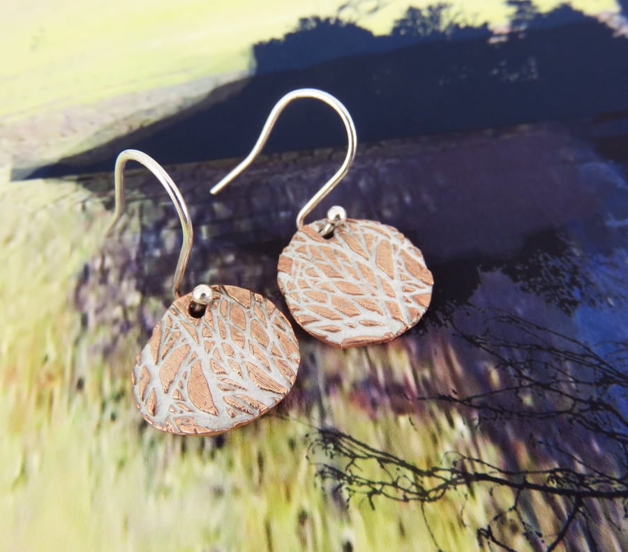 Textured Copper Dangles with Double Sided Plants and Trees Design