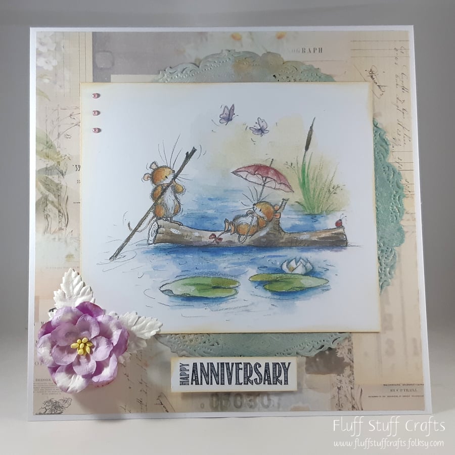 Handmade Anniversary card - boating mice