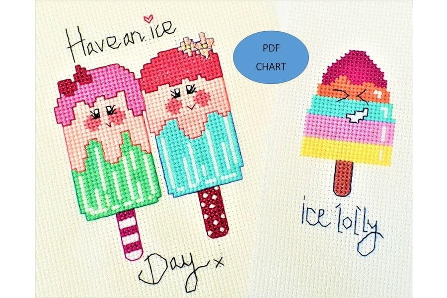 Ice lollies cross stitch set of 2 Instant digital Download PDF chart