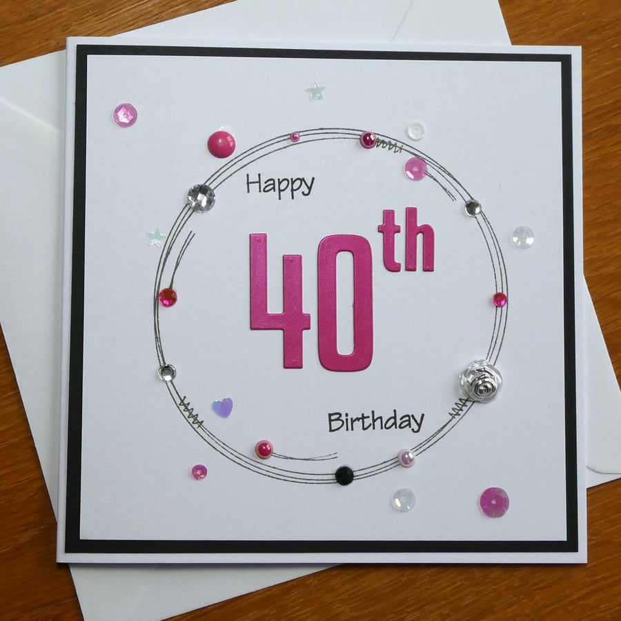 40th Birthday Card - Hot Pink Wreath Design 