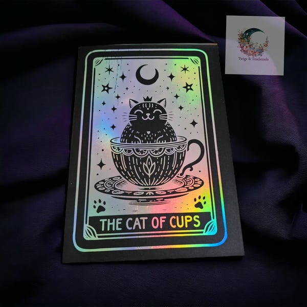 The cat of cups tarot card foiled print 