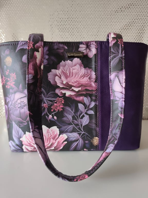 Handmade Moody Floral Tote Bag - Deep Purple Faux Leather & Peonies