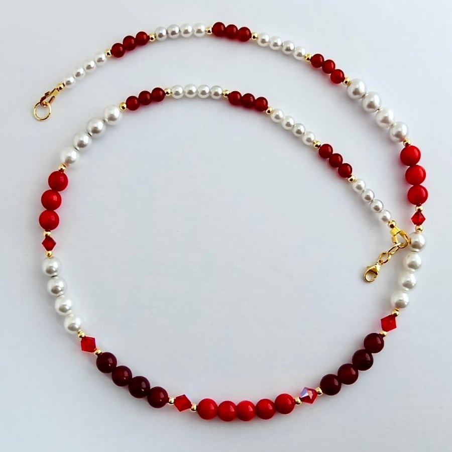  Red Agate, Bamboo Coral, Carnelian & Pearl Necklace - Handmade In Devon