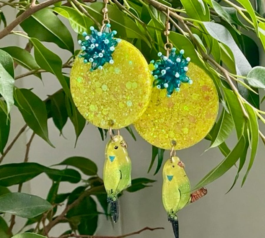 YELLOW NEON PARROT blue earrings glitter disco studio 54