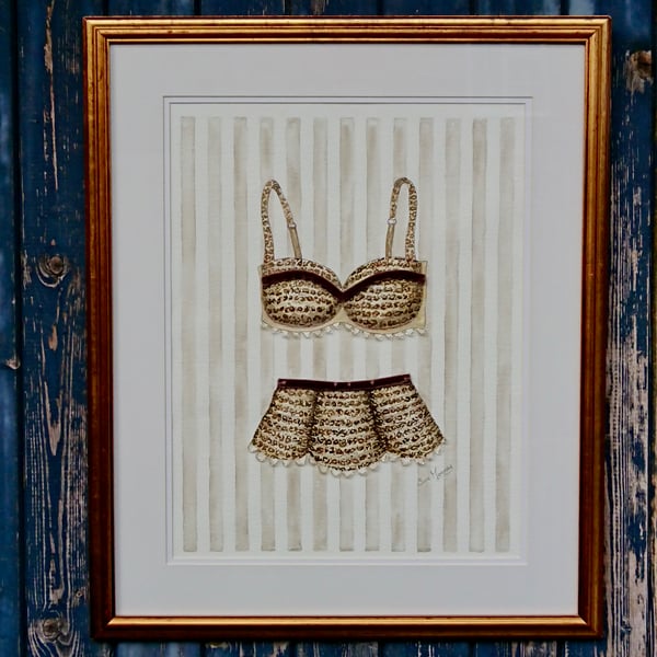 Animal print bra and knickers painting with velvet ribbon and bead-work