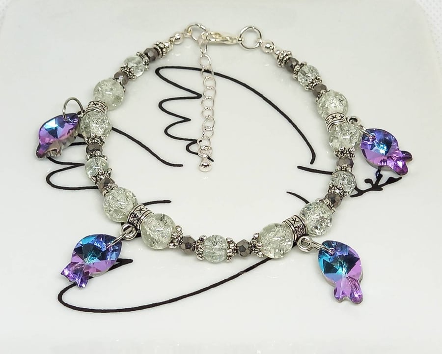 SALE - Adjustable glass fish charm bracelet in clear, blue, purple & silver 