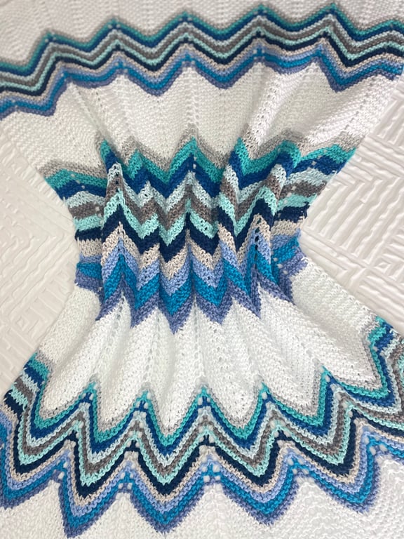 Shades of blue grey and aqua baby blanket, hand knitted in cotton yarn.