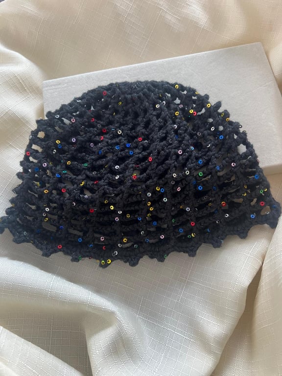 Handcrafted 100% Cotton Black Sequined Crochet Beanie, Sequin Knit Hat, Sparkly